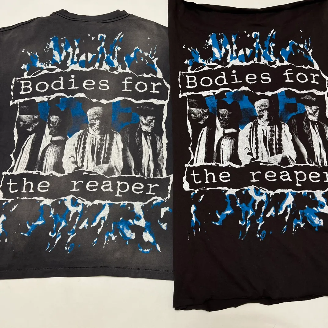 SAINT MICHAEL SS TEE/B FOR REAPER Jesus Hell's Angels Washed and Distressed Short Sleeves Washed Black S-XL Garment Dyed Printed Washed and Distressed